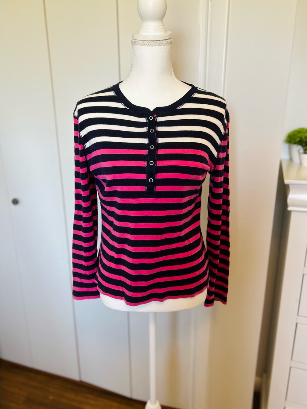 Chaps Black and Pink Striped Henley Sweater